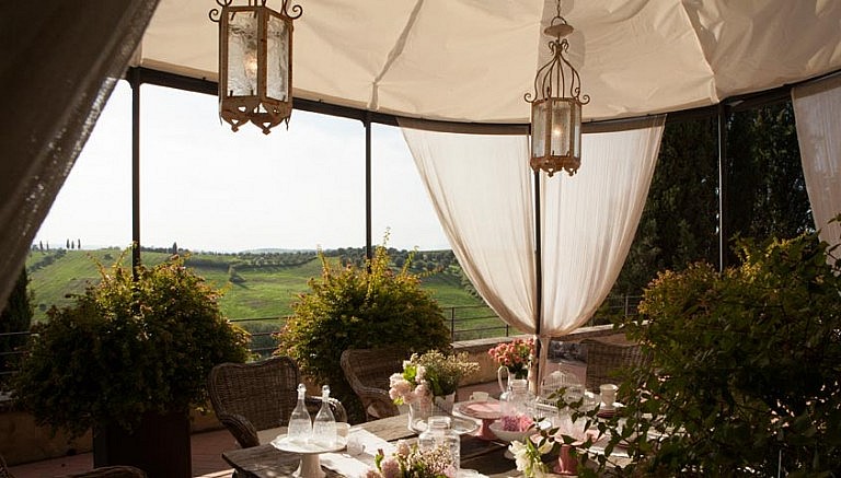 Elegant gazebo surrounded by picturesque vineyards in Tuscany