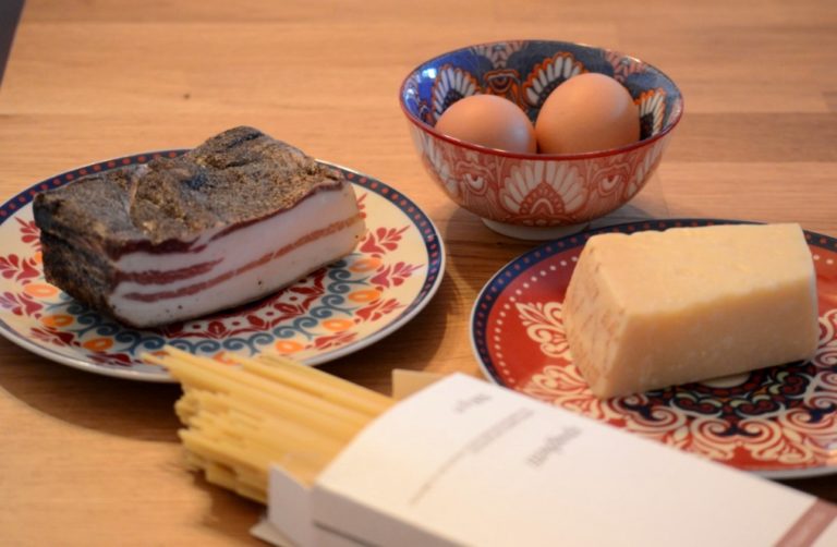Dried spaghetti, guanciale bacon, fresh eggs and parmesan cheese